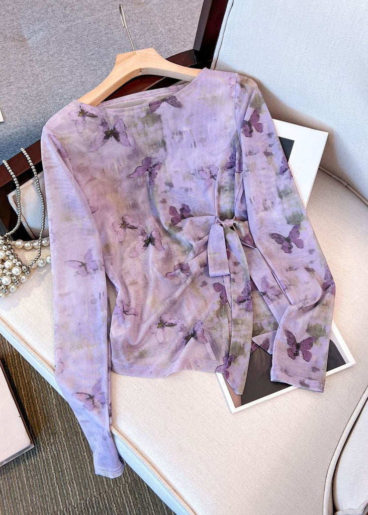 Purple Lace Up Side Open Tulle T Shirt Tops O Neck