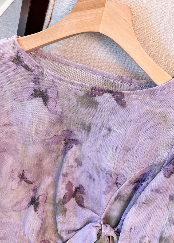 Purple Lace Up Side Open Tulle T Shirt Tops O Neck