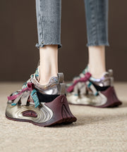 Purple Lace Up Zircon Splicing Platform Flat Shoes For Women