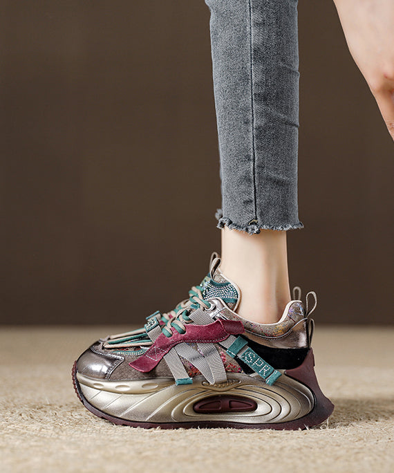 Purple Lace Up Zircon Splicing Platform Flat Shoes For Women