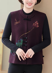 Purple O-Neck Patchwork Button Knit Waistcoat Fall