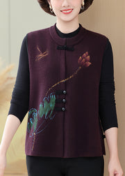 Purple O-Neck Patchwork Button Knit Waistcoat Fall