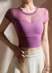 Purple O-Neck Tulle Yoga Top Summer