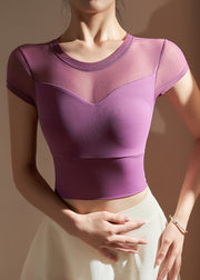 Purple O-Neck Tulle Yoga Top Summer