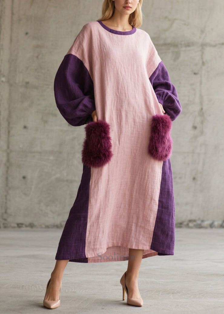 Purple Patchwork Faux Fur Dresses Oversized Pockets Fall