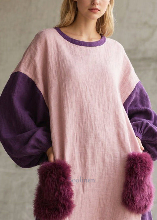 Purple Patchwork Faux Fur Dresses Oversized Pockets Fall