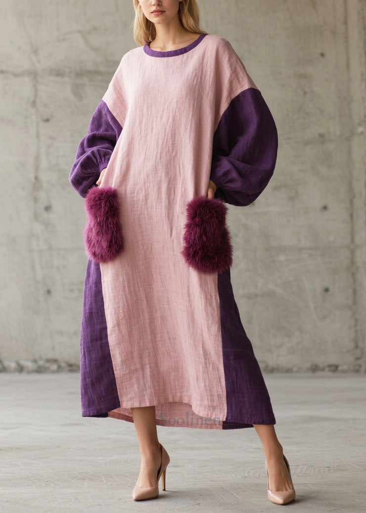 Purple Patchwork Faux Fur Dresses Oversized Pockets Fall