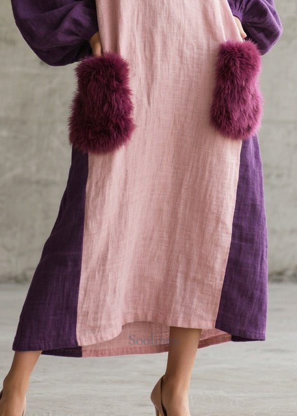 Purple Patchwork Faux Fur Dresses Oversized Pockets Fall