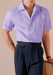 Purple Pockets Cotton Men T Shirts Peter Pan Collar Short Sleeve