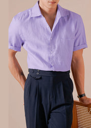 Purple Pockets Cotton Men T Shirts Peter Pan Collar Short Sleeve