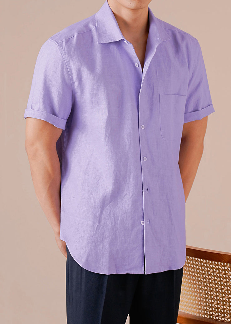 Purple Pockets Cotton Men T Shirts Peter Pan Collar Short Sleeve
