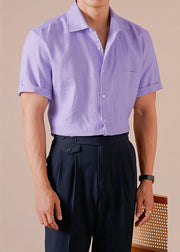 Purple Pockets Cotton Men T Shirts Peter Pan Collar Short Sleeve
