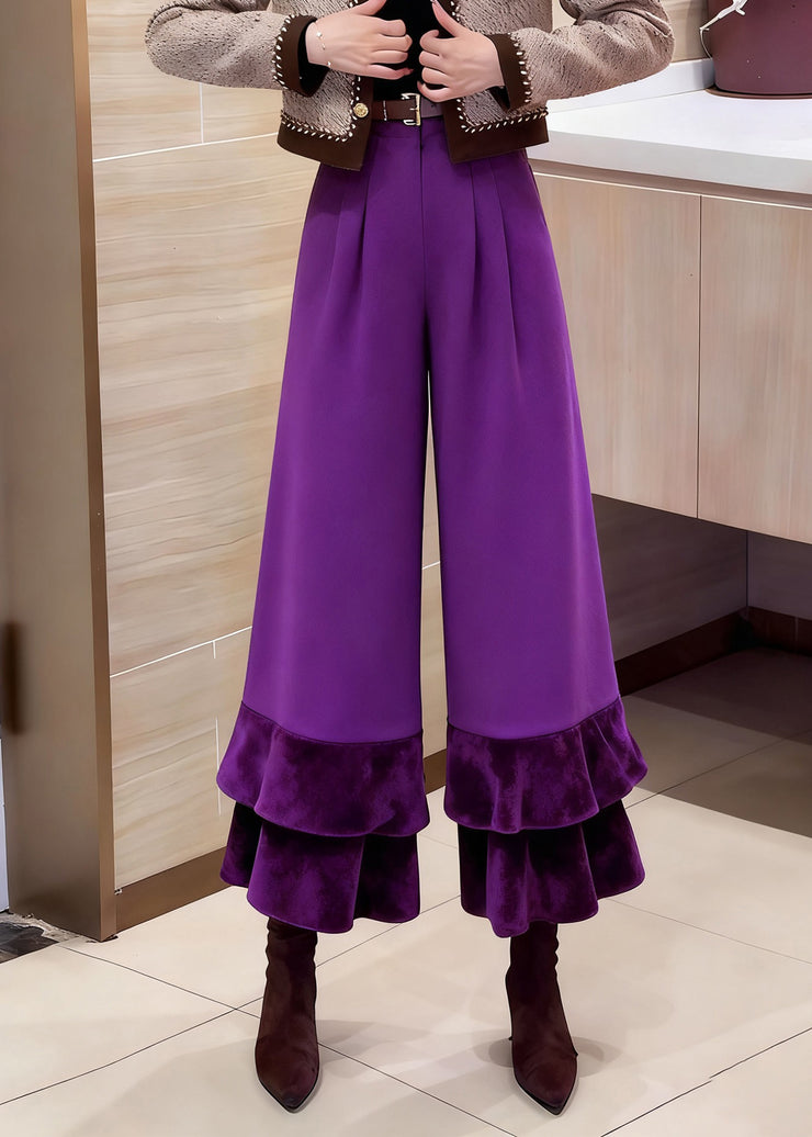 Purple Pockets High Waist Solid Cotton Crop Pants Ruffled