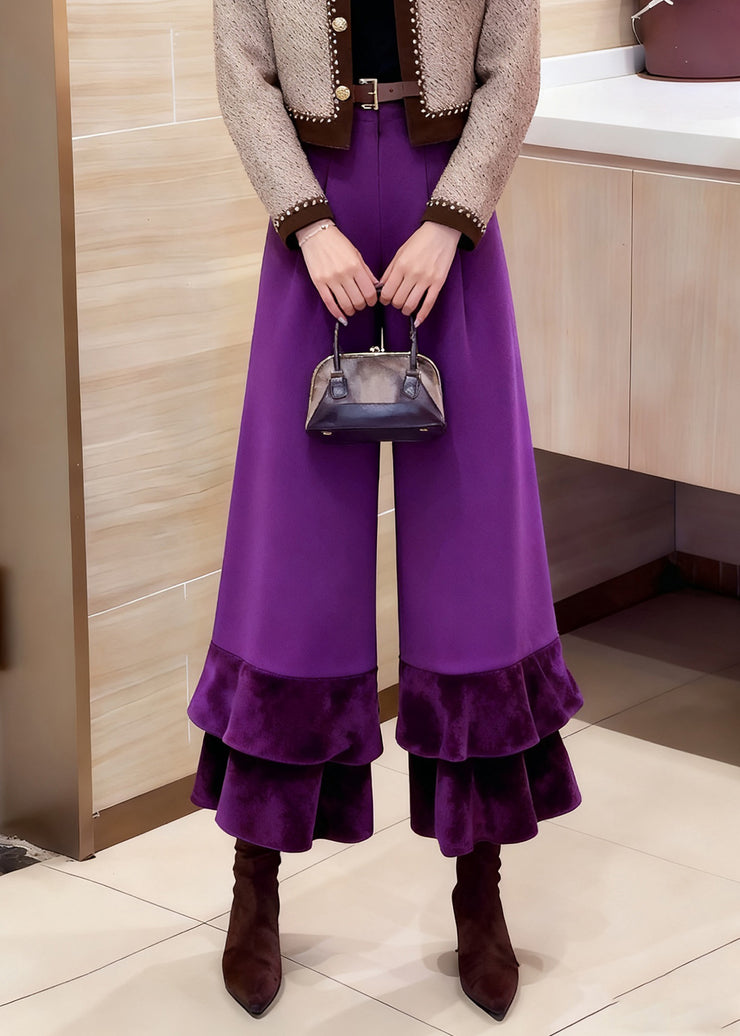 Purple Pockets High Waist Solid Cotton Crop Pants Ruffled