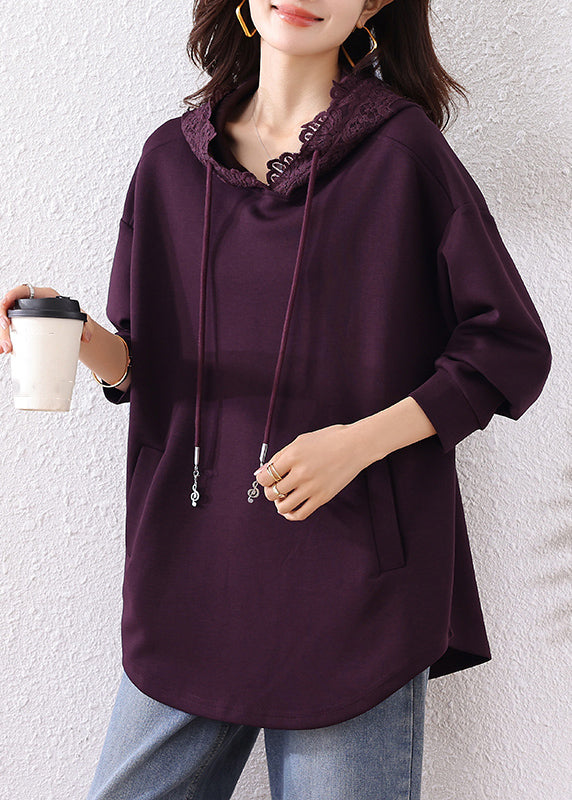 Purple Pockets Solid Cotton Fall Sweatshirts Hooded