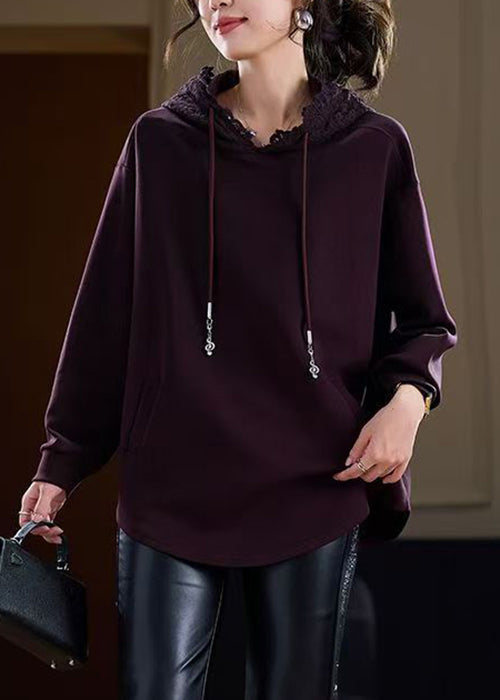 Purple Pockets Solid Cotton Fall Sweatshirts Hooded