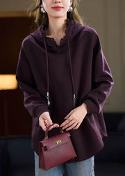 Purple Pockets Solid Cotton Fall Sweatshirts Hooded