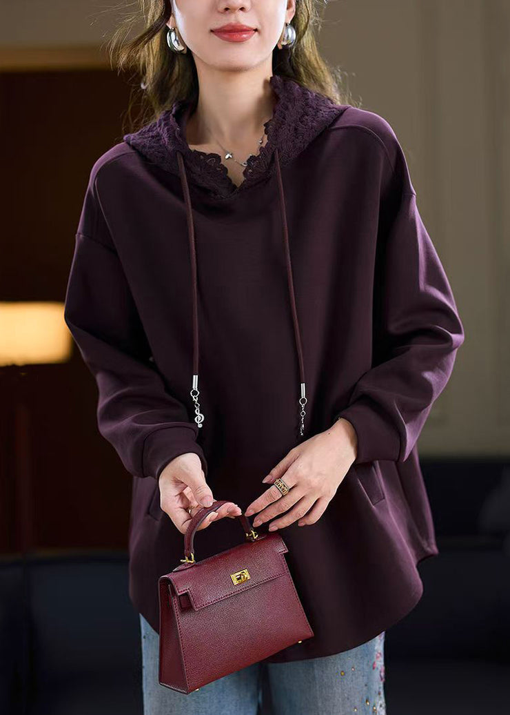 Purple Pockets Solid Cotton Fall Sweatshirts Hooded