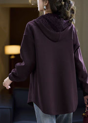 Purple Pockets Solid Cotton Fall Sweatshirts Hooded