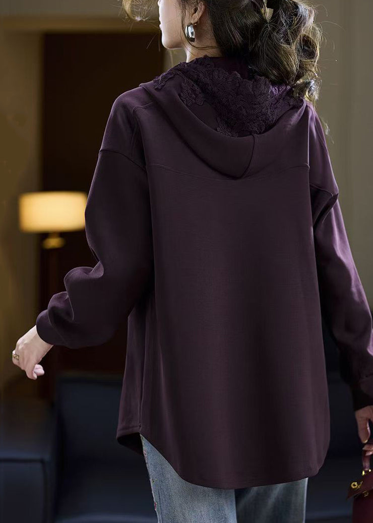 Purple Pockets Solid Cotton Fall Sweatshirts Hooded