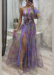 Purple Print Chiffon Dress One Shoulder Side Open Summer