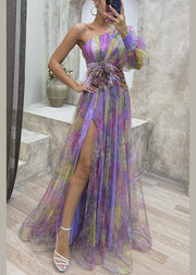 Purple Print Chiffon Dress One Shoulder Side Open Summer
