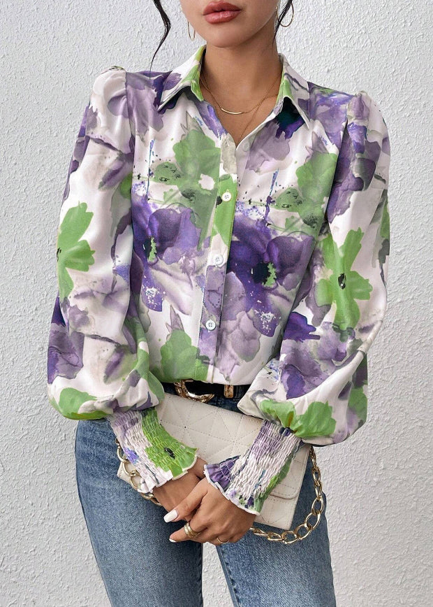 Purple Print Cotton Spring Blouse Peter Pan Collar