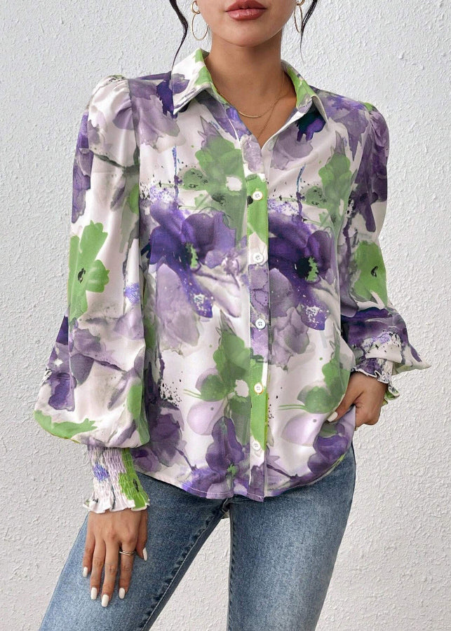 Purple Print Cotton Spring Blouse Peter Pan Collar