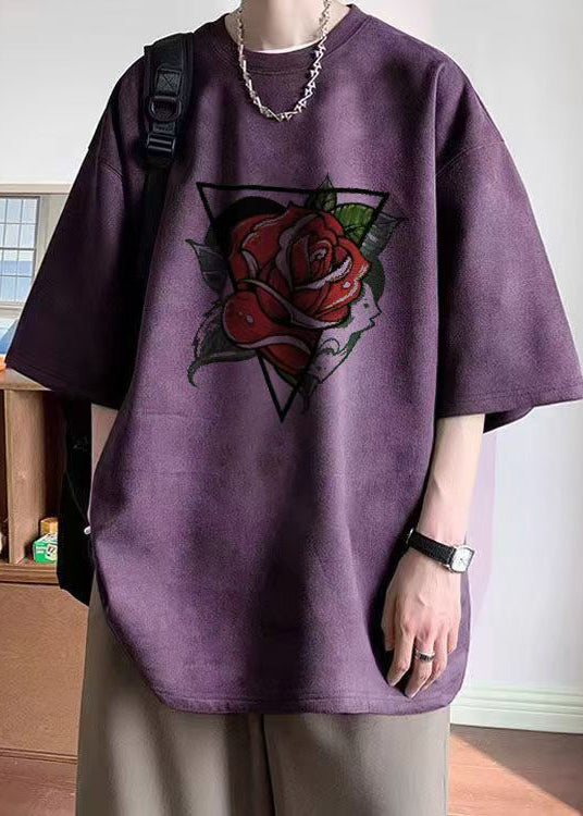 Purple Print Faux Suede Mens T Shirts O Neck Half Sleeve