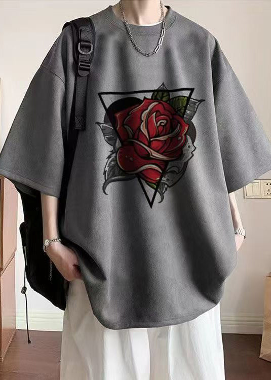 Purple Print Faux Suede Mens T Shirts O Neck Half Sleeve
