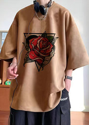 Purple Print Faux Suede Mens T Shirts O Neck Half Sleeve