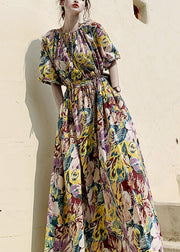 Purple Print Lace Up Patchwork Cotton Dresses Wrinkled Puff Sleeve