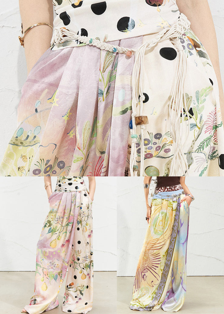 Purple Print Pockets Silk Summer Pants High Waist