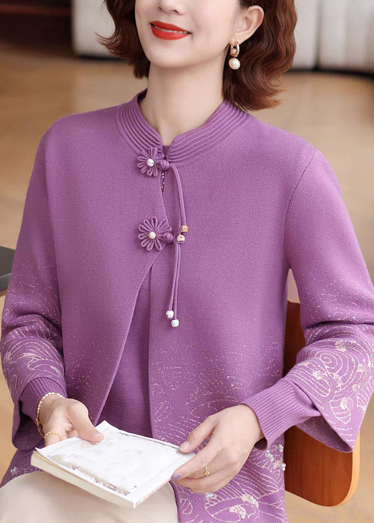 Purple Print Tassel Warm Fleece Cotton Knit Coat Fall