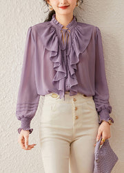 Purple Ruffled Patchwork Tie Lace Solid Shirt Fall