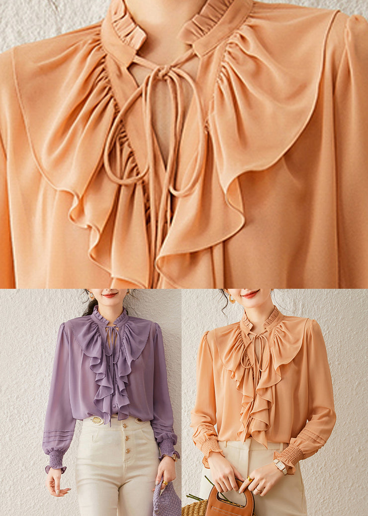 Purple Ruffled Patchwork Tie Lace Solid Shirt Fall