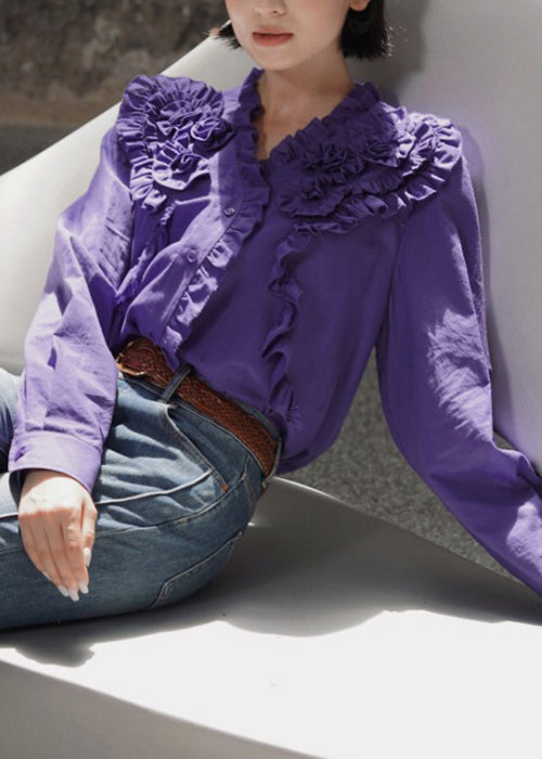 Purple Ruffled Solid Cotton Fall Blouse Tops V Neck