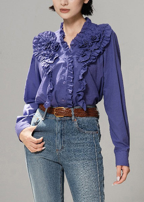 Purple Ruffled Solid Cotton Fall Blouse Tops V Neck