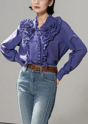Purple Ruffled Solid Cotton Fall Blouse Tops V Neck