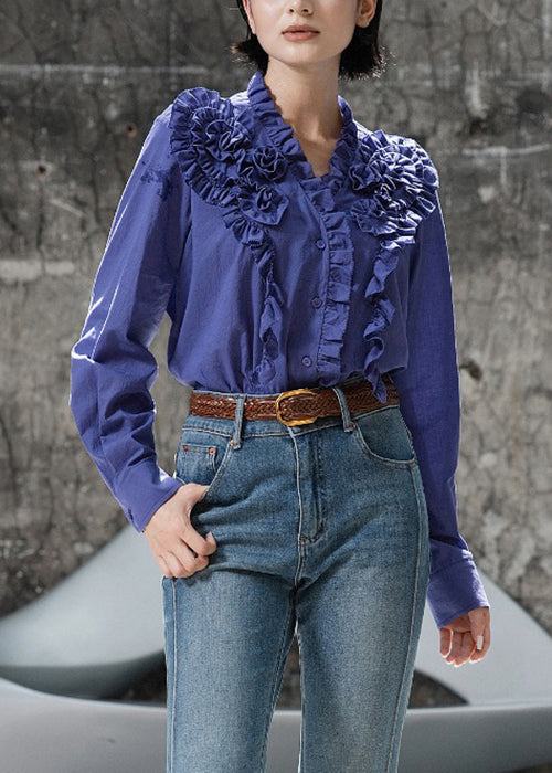 Purple Ruffled Solid Cotton Fall Blouse Tops V Neck