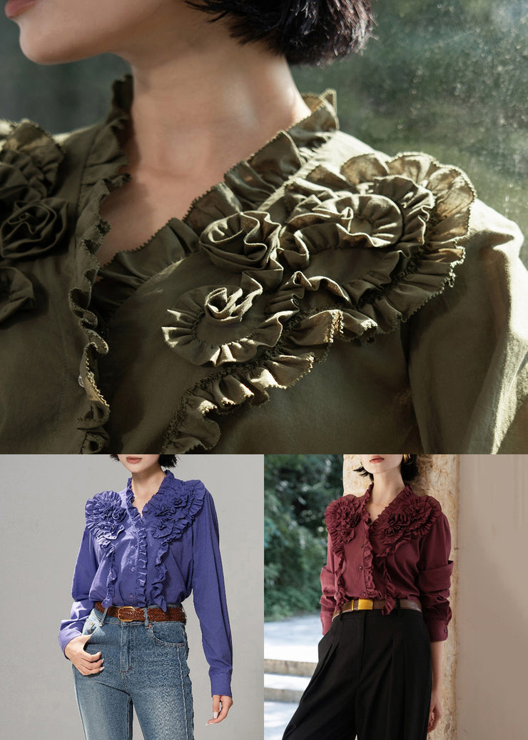 Purple Ruffled Solid Cotton Fall Blouse Tops V Neck