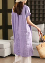 Purple Side Open Solid Linen Solid Dress O Neck