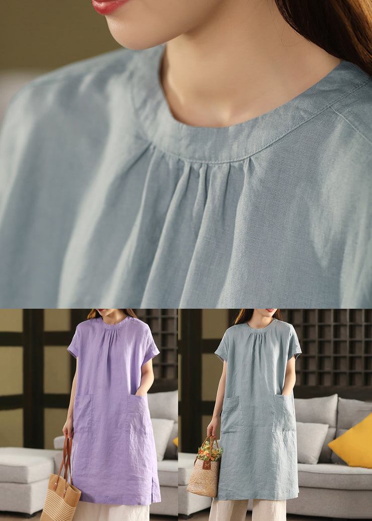 Purple Side Open Solid Linen Solid Dress O Neck