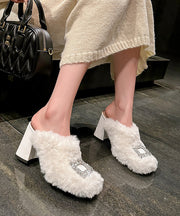 Purple Slippers Shoes Splicing Zircon Chunky Heel Fuzzy Fur Fluffy