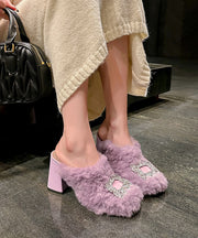 Purple Slippers Shoes Splicing Zircon Chunky Heel Fuzzy Fur Fluffy