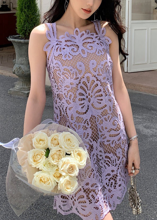 Purple Solid Lace Spaghetti Strap Dress Hollow Out Summer