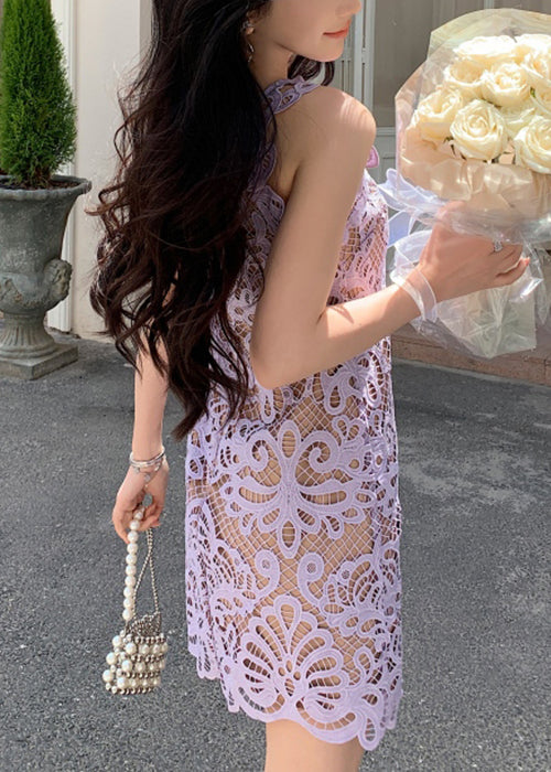 Purple Solid Lace Spaghetti Strap Dress Hollow Out Summer