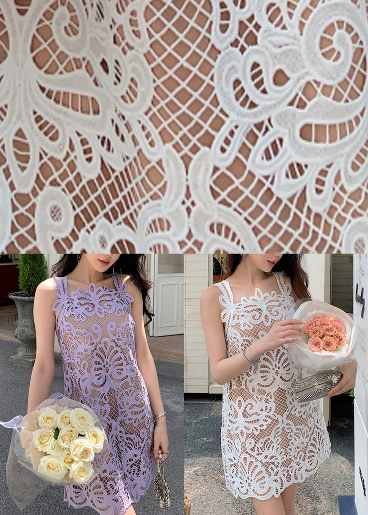 Purple Solid Lace Spaghetti Strap Dress Hollow Out Summer