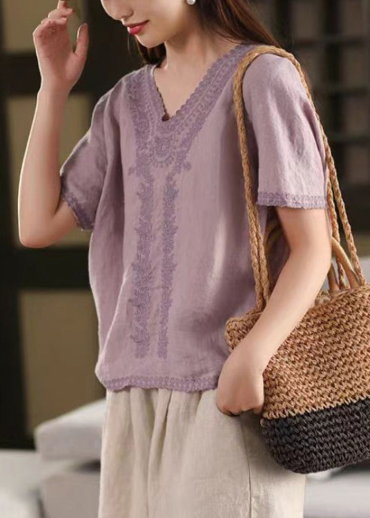Purple Solid Loose Linen Summer T Shirts Embroidered