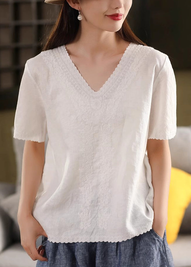 Purple Solid Loose Linen Summer T Shirts Embroidered